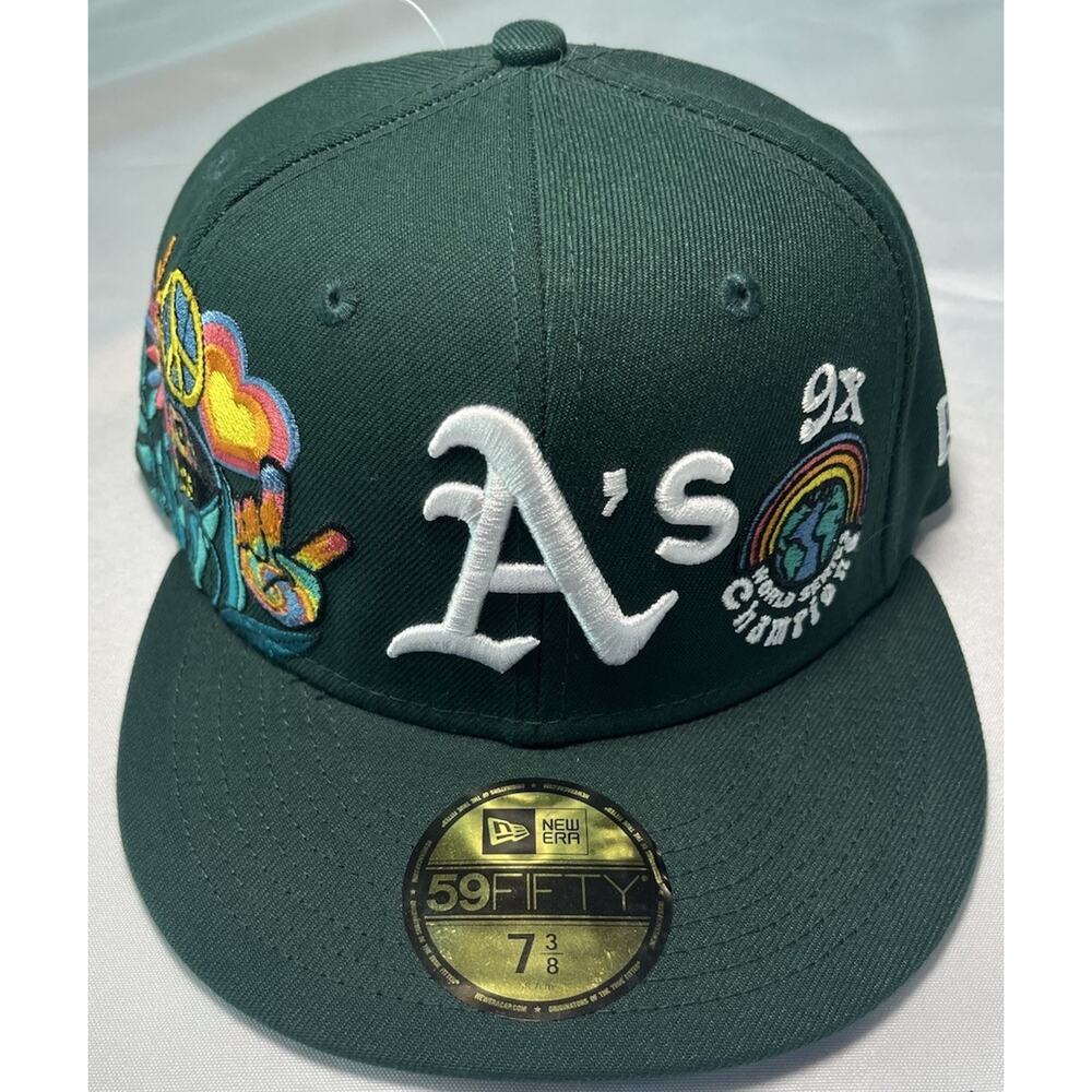 Oakland A's MLB NE "Groovy" 9xWorld Series Champs Fitted Hat Green Size 7 3/8